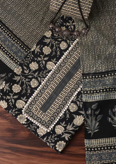 Black Cotton Kalamkari Printed Unstitched Dress Material