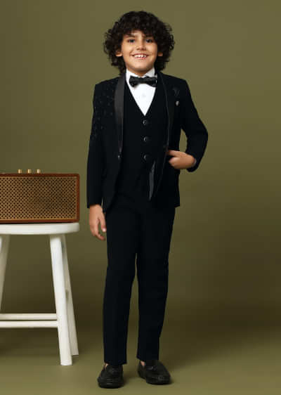 Buy Navy Blue Tuxedo In Suiting Fabric With Embroidery