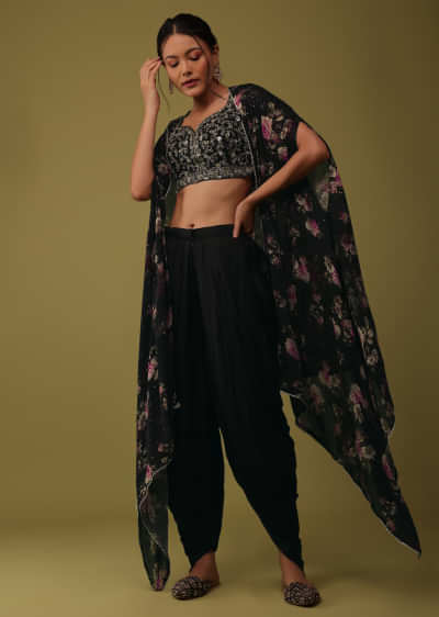 Black Embroidered Crop Top And Jacket Set In Satin With Dhoti
