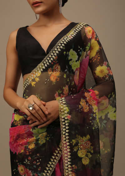 Black Embroidered Saree In Organza With Vibrant Floral Print