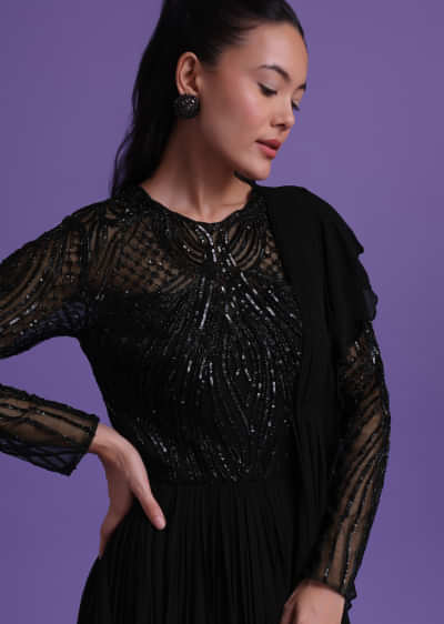 Black Georgette Gown With Attached Drape Adorned With Cut Dana Work
