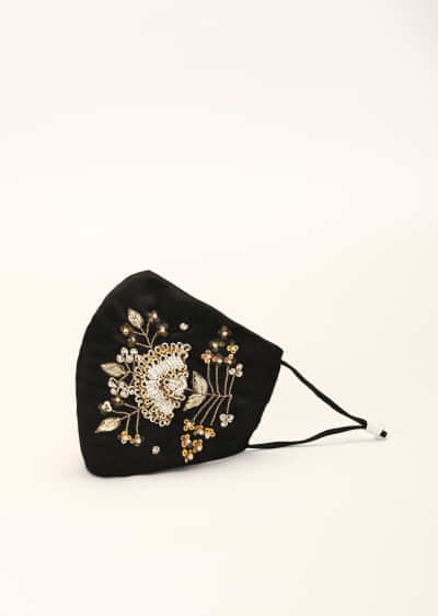 Black Mask In Satin Silk With Moti And Zardosi Embroidered Floral Motif