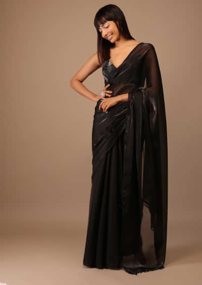 Black Organza Saree With Heavily Embellished Blouse With Fringes On The Hem