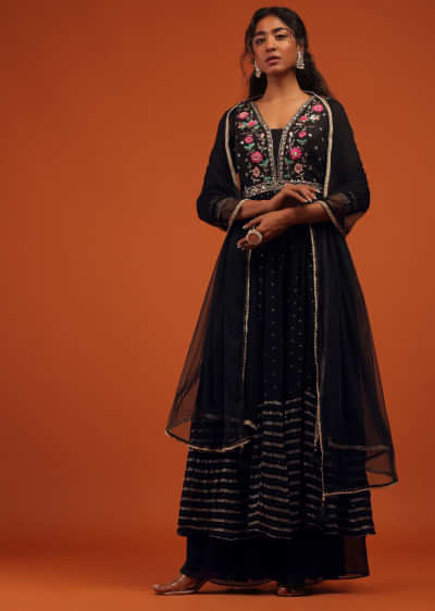 Black Palazzo Suit Set In Georgette With Multi Color Embroidery