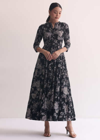 Black Printed Indogown In Cotton With Belt