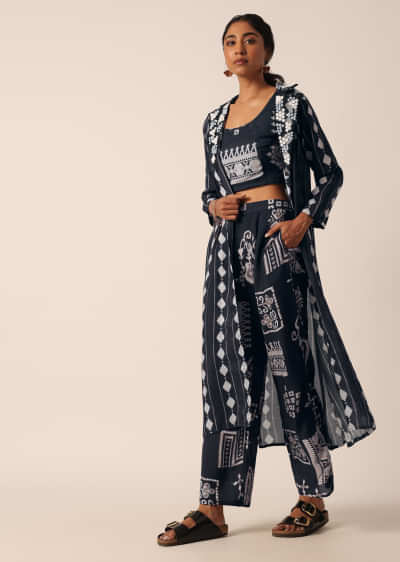 Black Printed Long Jacket And Pant Set In Cotton