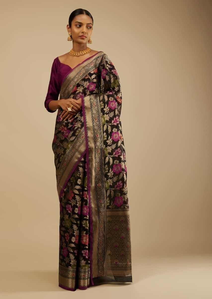 Black Saree In Organza Silk With Brocade Floral Jaal In Gold And Multi Colored Threads And Unstitched Blouse  