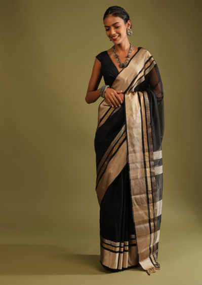 Black Saree In Tussar Silk With Golden Woven Border And Grey And Gold Stripes On The Pallu  