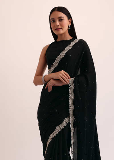 Black Satin Saree With Cut Dana Embroidery And Unstitched Blouse