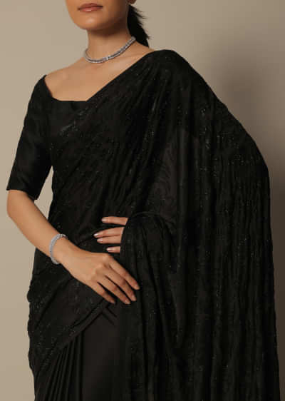 Black Swarovski Stone Studded Saree With Unstitched Blouse