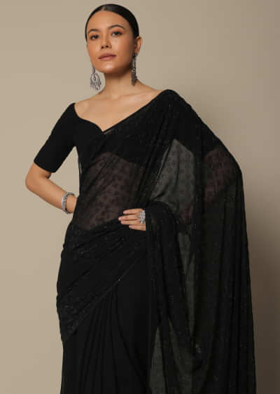 Black Swarovski Studded Saree With Unstitched Blouse Piece
