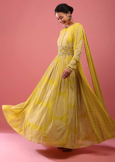 Blazing Yellow Anarkali Suit In Georgette With Attached Dupatta And Floral Embroidered Waistbelt