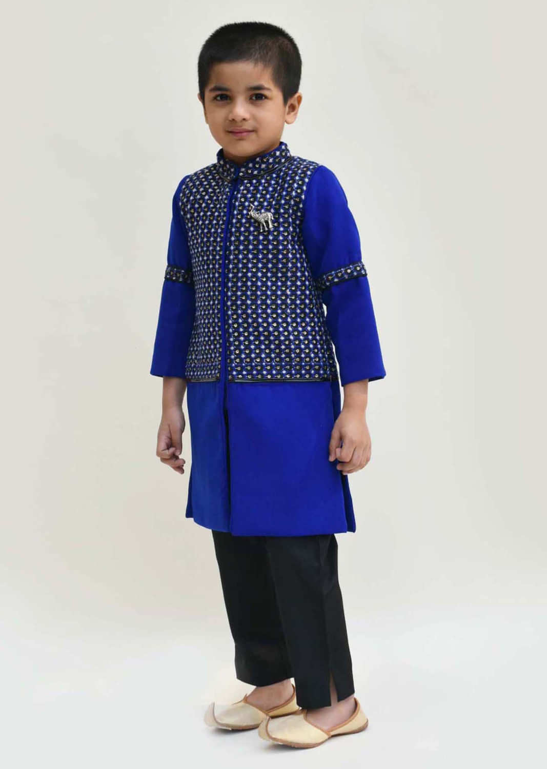 Kalki Boys Blue And Black Ajkan With Embroidery Detailing And Black Pant By Fayon Kids