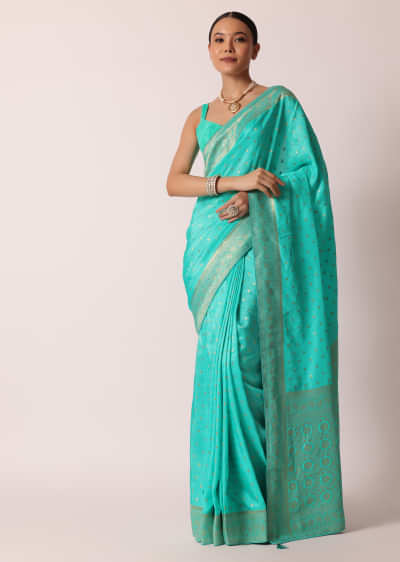 Blue Banarasi Silk Handloom Saree With Gold Zari Work And Unstitched Blouse Piece