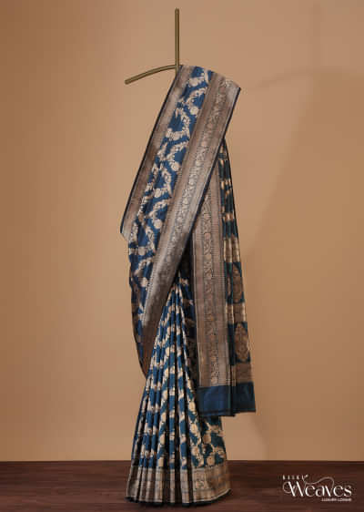 Teal Blue Banarasi Saree In Uppada Silk With Woven Zari Jaal And Unstitched Blouse