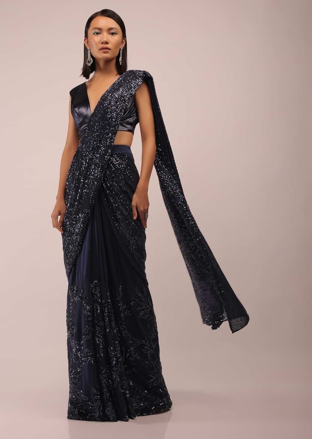 Blue Depths Ready-Pleated Saree In Sequins Embroidery, Crafted In Net With Floral Motifs With A Side Zip Hooks Closure