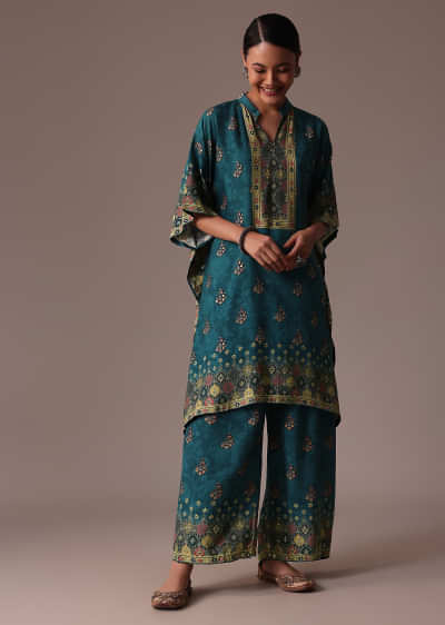 Blue Embroidered Kaftan Cotton Silk Co Ord Set