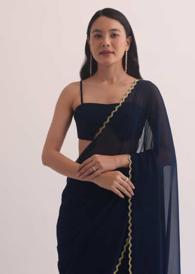 Blue Georgette Saree With Embroidered Scallop Border