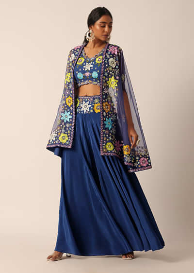 Blue Jacket And Palazzo Set With Floral Motif Embroidery