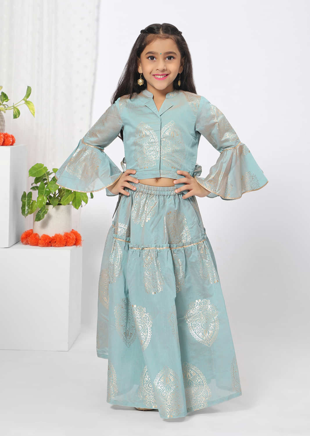 Kalki Girls Green Lehenga Choli In Chanderi Silk With Foil Printed ethnic Motifs And Long Sleeves By Mini Chic
