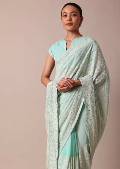 Blue Lucknowi Chikankari Saree With Sequin Work And Unstitched Blouse Piece