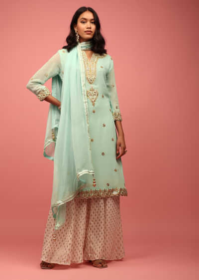 Blue Palazzo Suit Set Handcrafted In Georgette And Premium Gotta Work