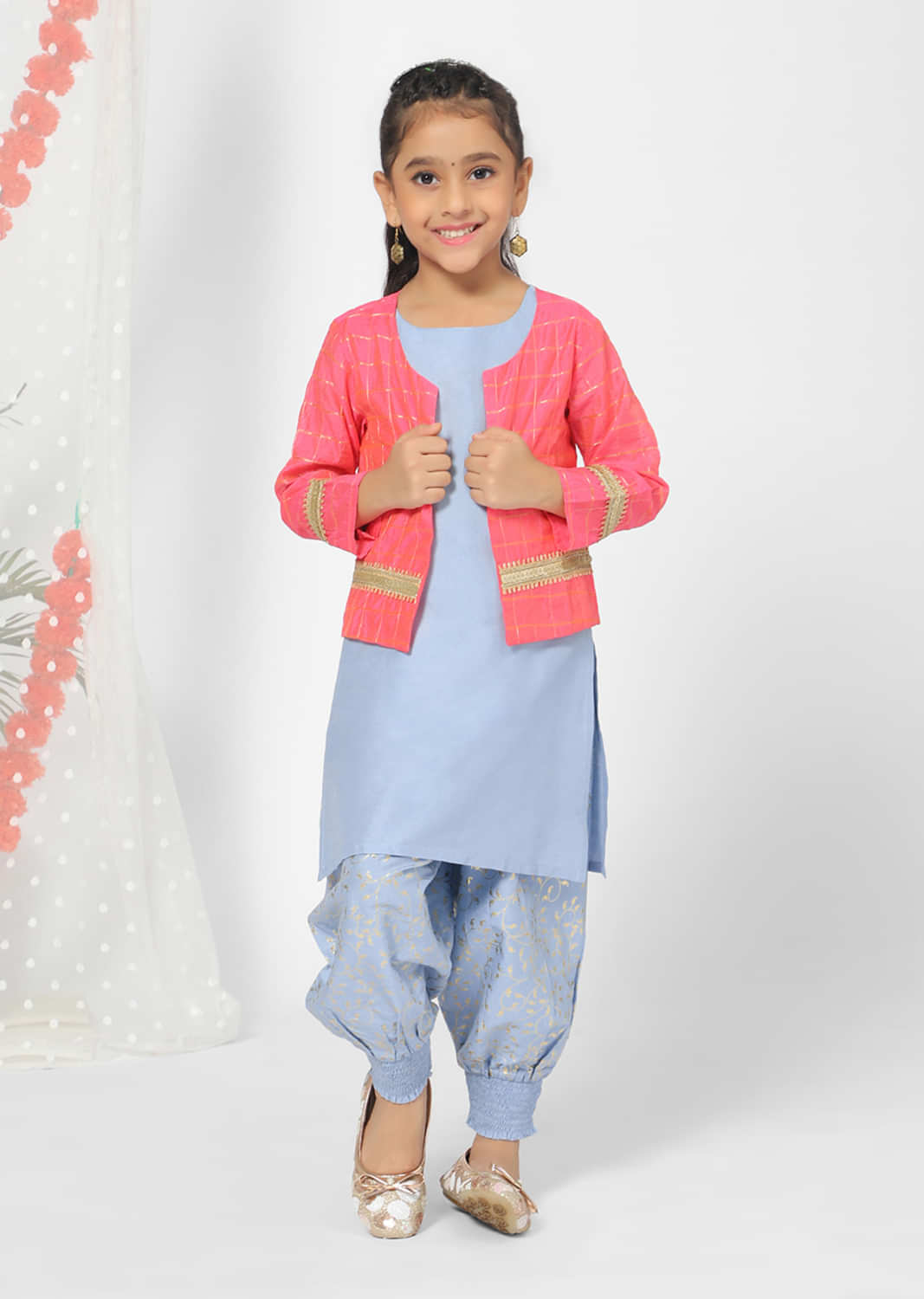 Kalki Girls Blue Patiala Suit In Silk Blend With Floral Print And Pink Jacket By Mini Chic