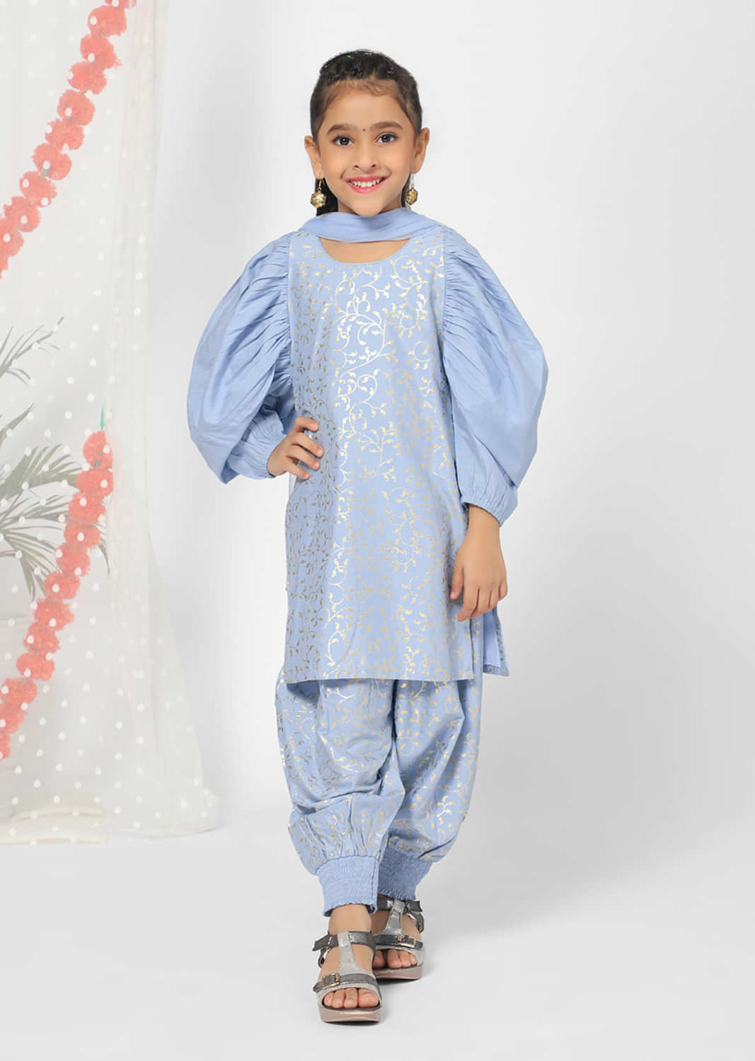 Kalki Girls Blue Patiala Suit In Silk Blend With Foil Print And Balloon Sleeves By Mini Chic