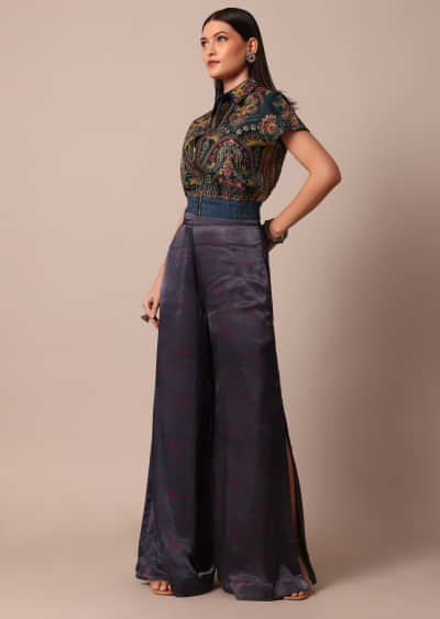 Navy Blue Embroidered Jacket with Printed crop top And Silk Bandhani Palazzo Set