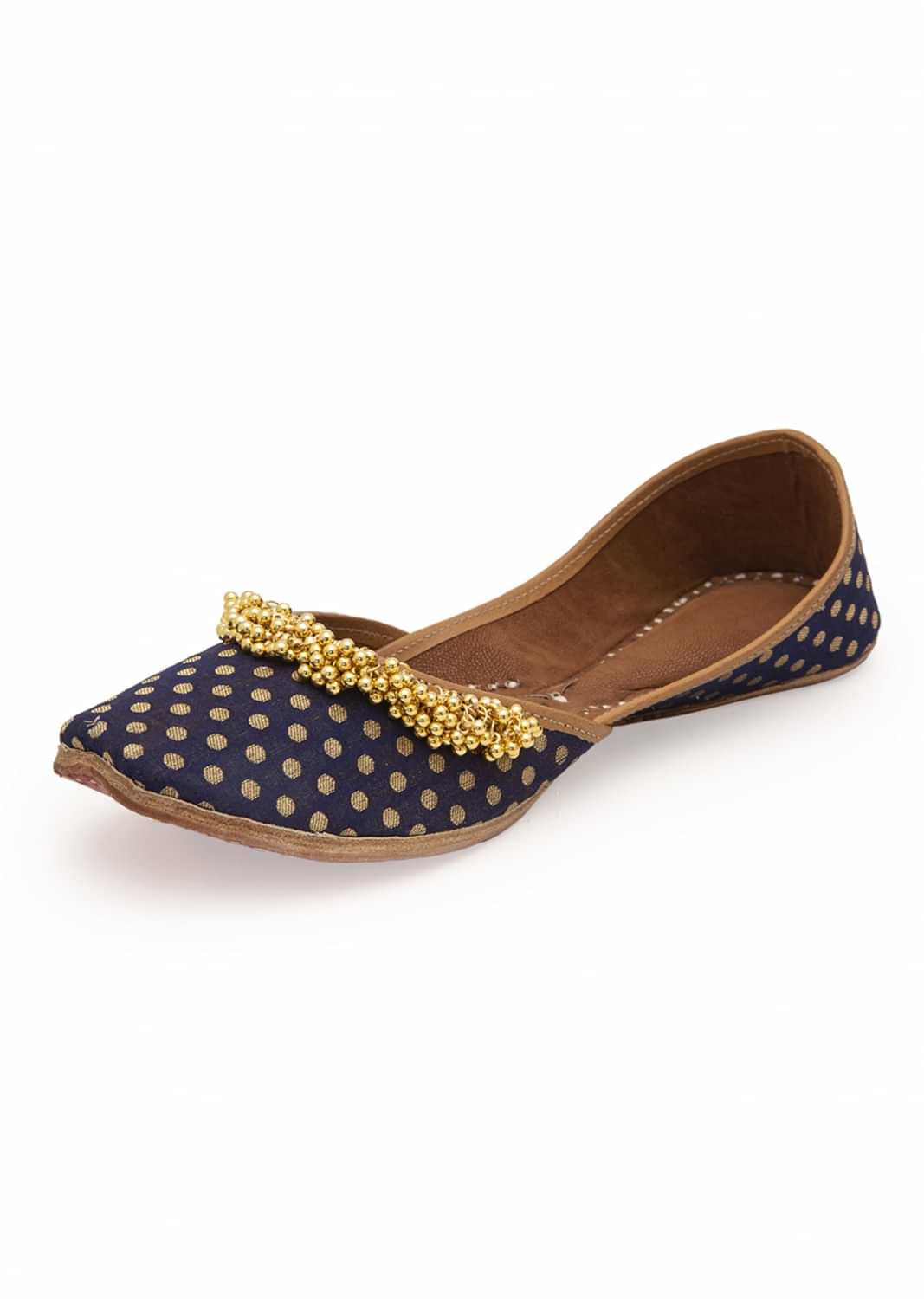 Blue Printed Juttis In Silk With Ghungroo Embellishment And Leather Underlining