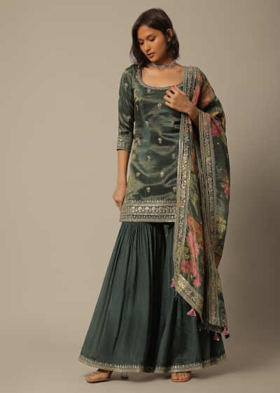 Green Sharara Set In Chiffon With Sequin Embroidery