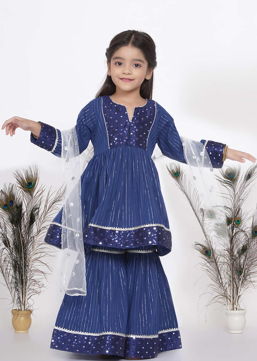 Kalki Blue Sharara Suit For Girls In Cotton With Embroidery In Mirror And White Dupatta