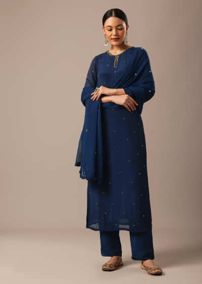 Blue Slim Fit Hand Embroidered Kurta Set With Sequin Work