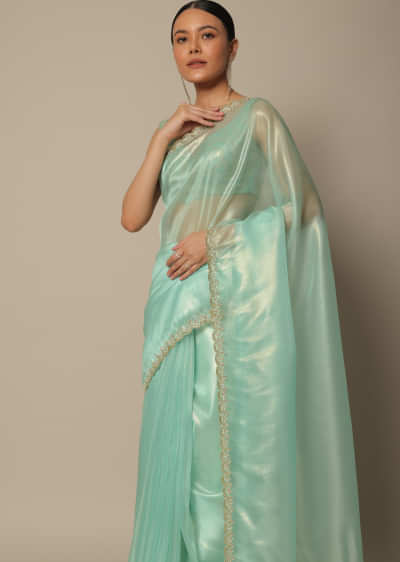Buy Green Shaded Plain Chiffon Saree With Heavy Cut Dana Embroidered Border  Online Kalki Fashion