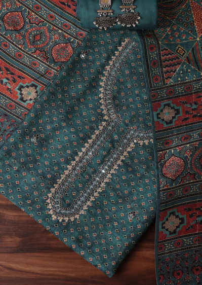 Blue Tussar Tribal Geomteric Printed Unstitched Dress Material