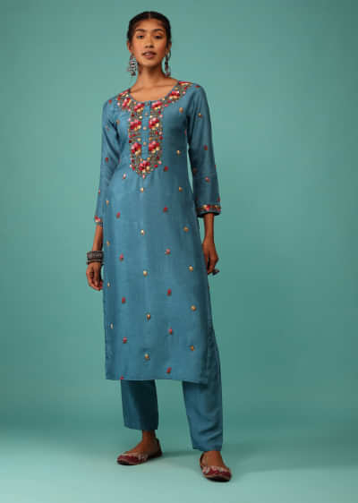 Bluejay Kurta Set In Dola Silk With Kashmiri Thread Embroidery & 3D Floral Work