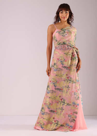 Blush Pink Sharara Pant And Top Set With Multicolor Printed Foil Drape And Embroidered Belt