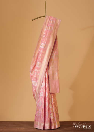 Blush Pink Handloom Banarasi Saree In Uppada Silk With Silver-Gold Weave And Unstitched Blouse