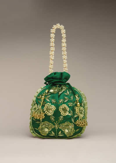 Bottle Green Potli Bag In Satin Silk With Hand Embroidered Floral Design Using Sequins And Zardosi