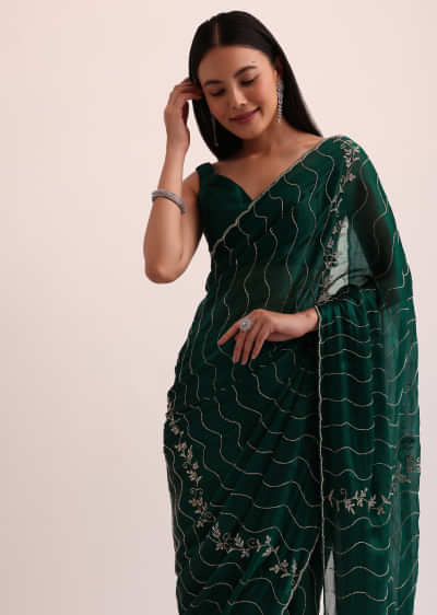 Bottle Green Chinon Saree With Cut Dana Embroidery And Unstitched Blouse