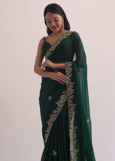 Bottle Green Glass Tissue Saree With Embroidery Border