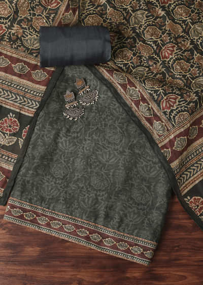 Bottle Green Kalamkari Print With Katha Embroidery Silk Unstitched Dress Material