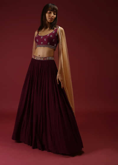 Brick Maroon Lehenga Choli With Multi Colored Hand Embroidered Buttis Using Multi Colored Sequins And Beads 