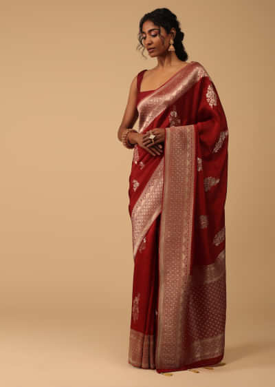 Brick Red Saree In Dola Silk With Embroidered Floral Buttas 