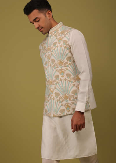 Pearl White Art Silk Bandi Jacket Set In Threadwork