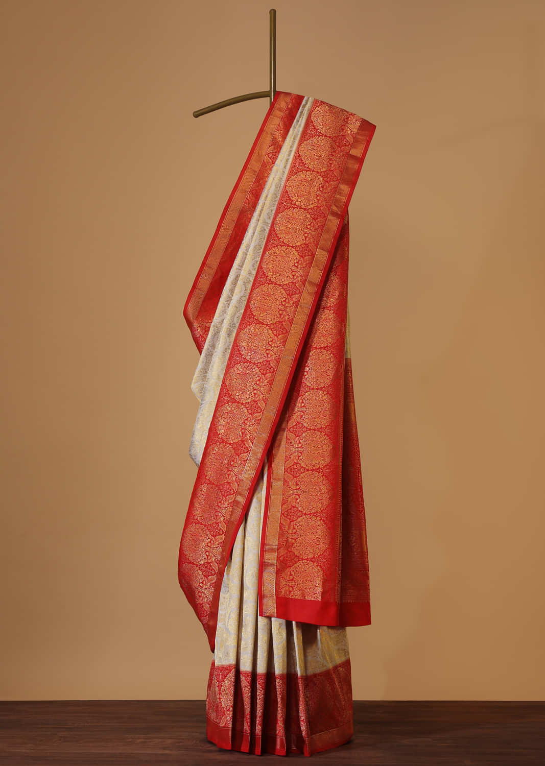 Off White Silk Kanjivaram Saree With Cherry Red Border