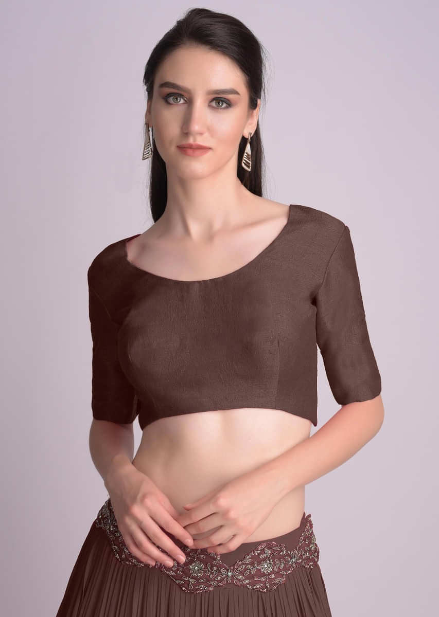 Brown Blouse With Half Sleeves And Round Neckline 