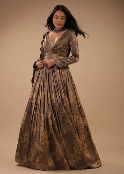 Brown Anarkali In Floral Printed Satin With Heavy Stone Work On The Neckline