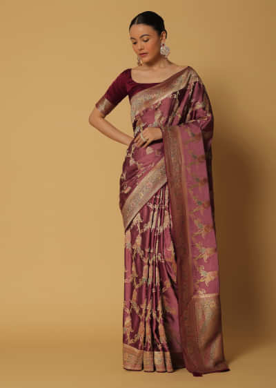 Brown Dolka Silk Meenakari Jaal Work Saree With Unstitched Blouse Fabric