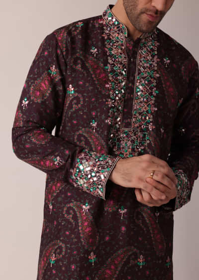 Brown Festive Silk Kurta Set For Men